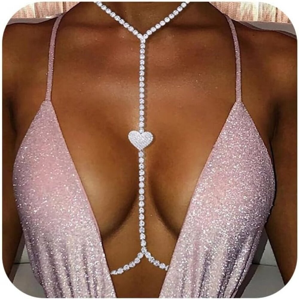 14K Heart Diamond Plated Body Chain Women Layered Rhinestone Bikini Bra Jewelry